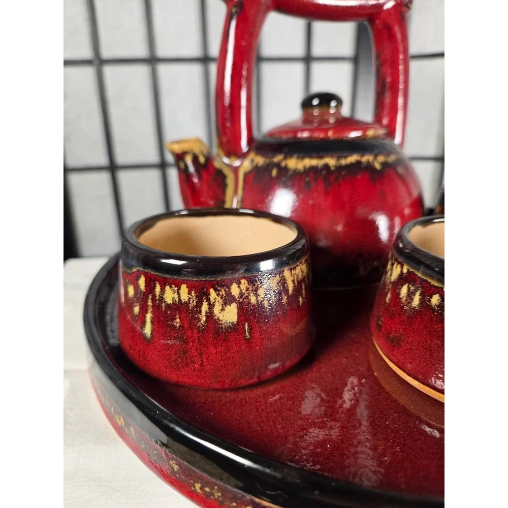 Pier 1 Shanghai Tea Set Red Black Reactive Glaze Earthenware 5 Piece Set